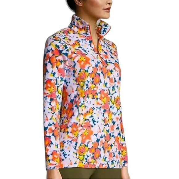 Lands' End Floral Fleece Quarter-Zip Pullover - Orange Pink Yellow on Teal - M - Picture 1 of 11